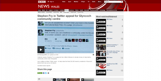BBC News Stephen Fry in Twitter appeal for Glyncoch community centre