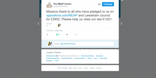 Reap Centre - Lewisham Tweet
